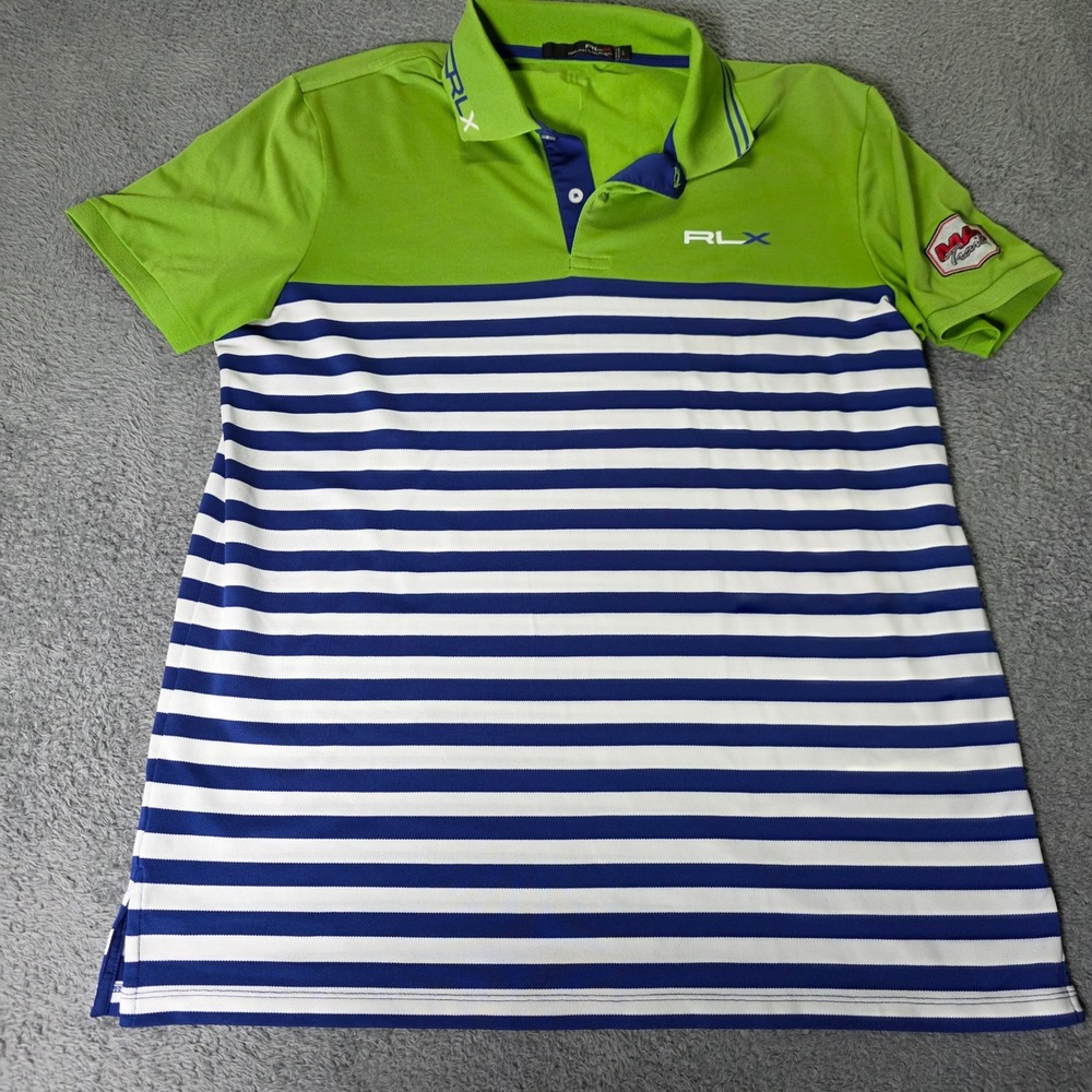 RLX Ralph Lauren Mens Large Polo Shirt Green Blue Striped Colorblock Golf Logo